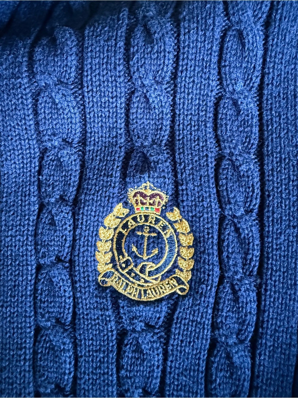 Vintage LAUREN Ralph Lauren Women’s Navy Cable-Knit Half-Zip Sweater with Crest - Picture 2 of 6
